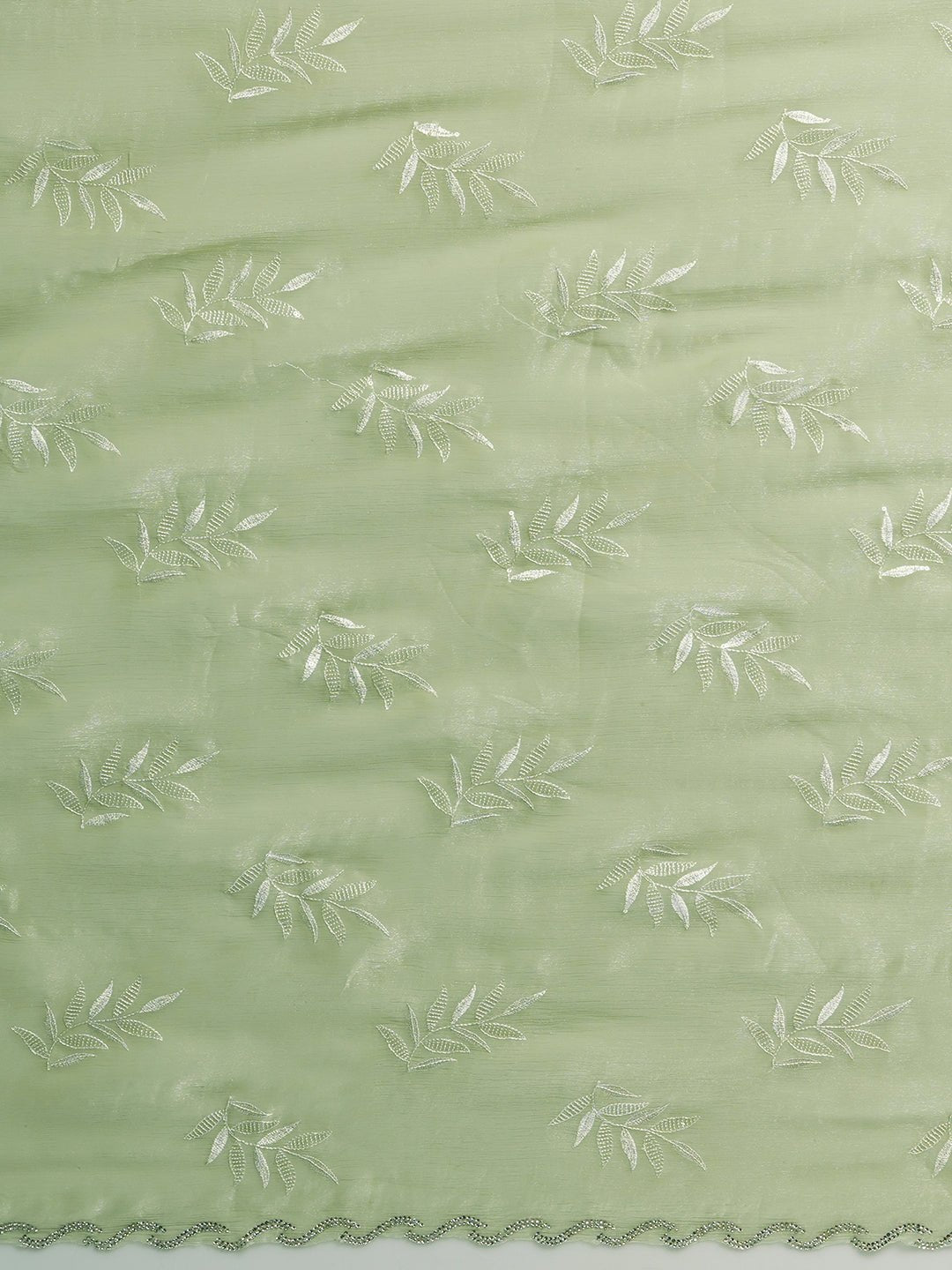 Pistachio Green Georgette Sequin Leaf Embroidery Scalloped Border Blouse Saree - Ressa