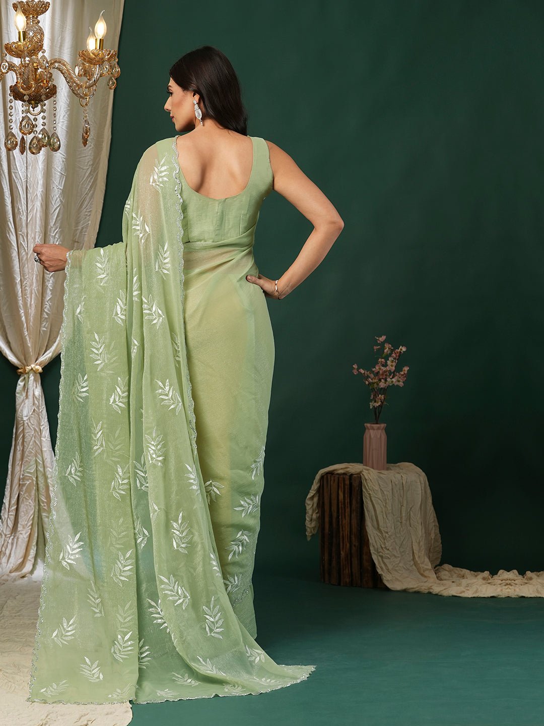 Pistachio Green Georgette Sequin Leaf Embroidery Scalloped Border Blouse Saree - Ressa