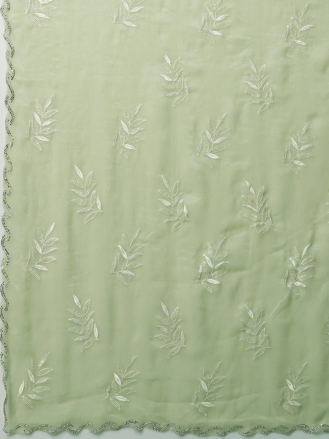 Pistachio Green Georgette Sequin Leaf Embroidery Scalloped Border Blouse Saree - Ressa