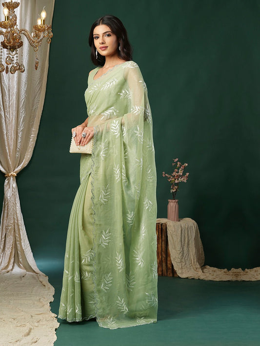 Pistachio Green Georgette Sequin Leaf Embroidery Scalloped Border Blouse Saree - Ressa