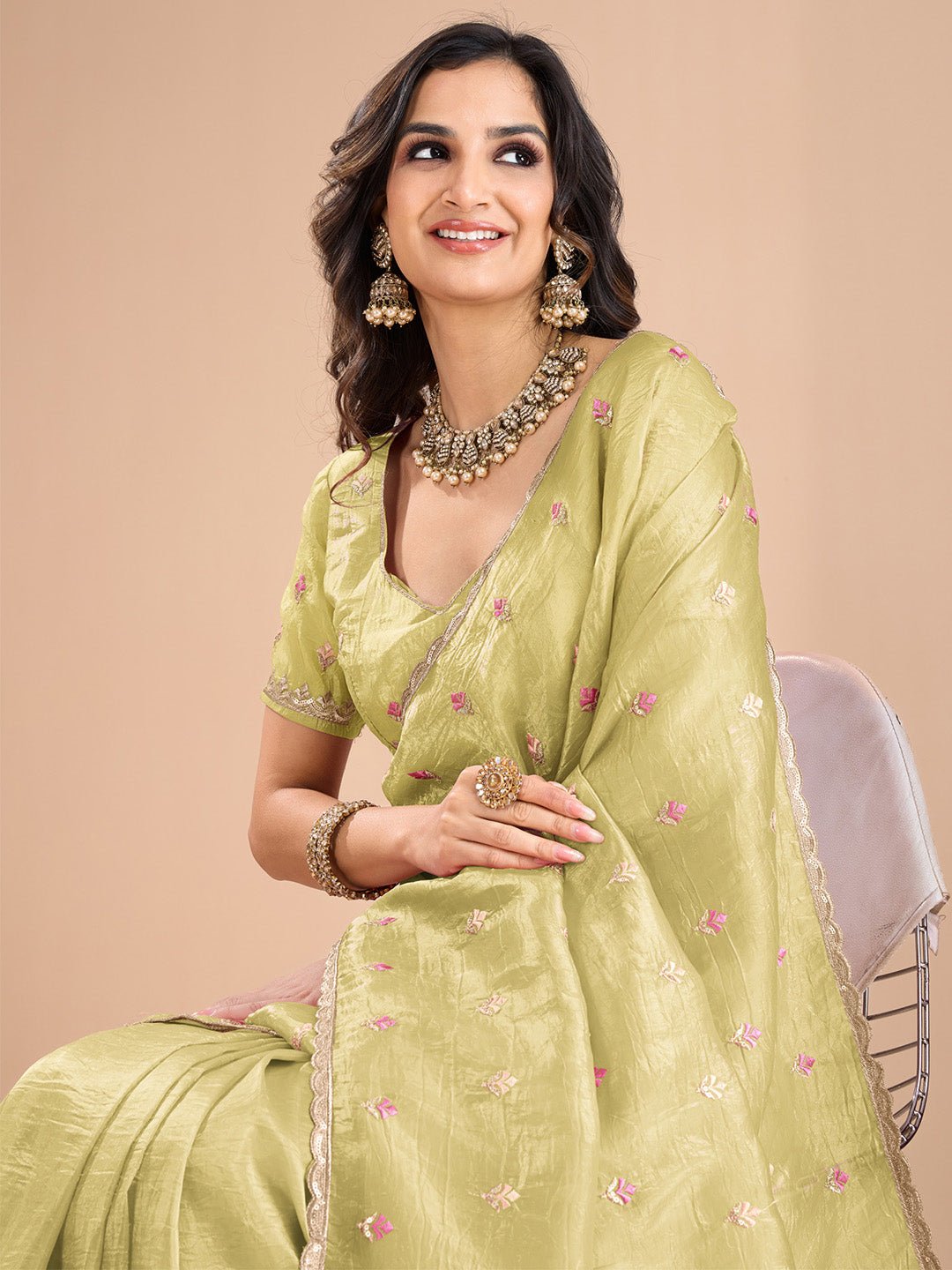 Pistachio Green Organza Silk Embroidered Saree with Blouse - Ressa
