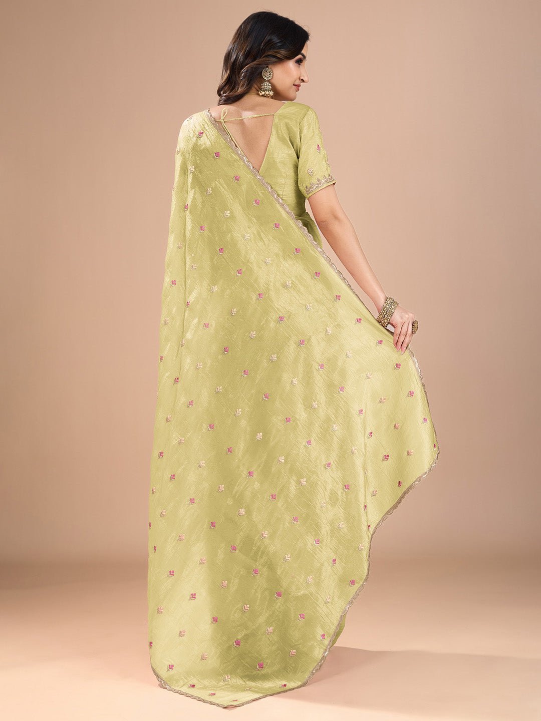 Pistachio Green Organza Silk Embroidered Saree with Blouse - Ressa