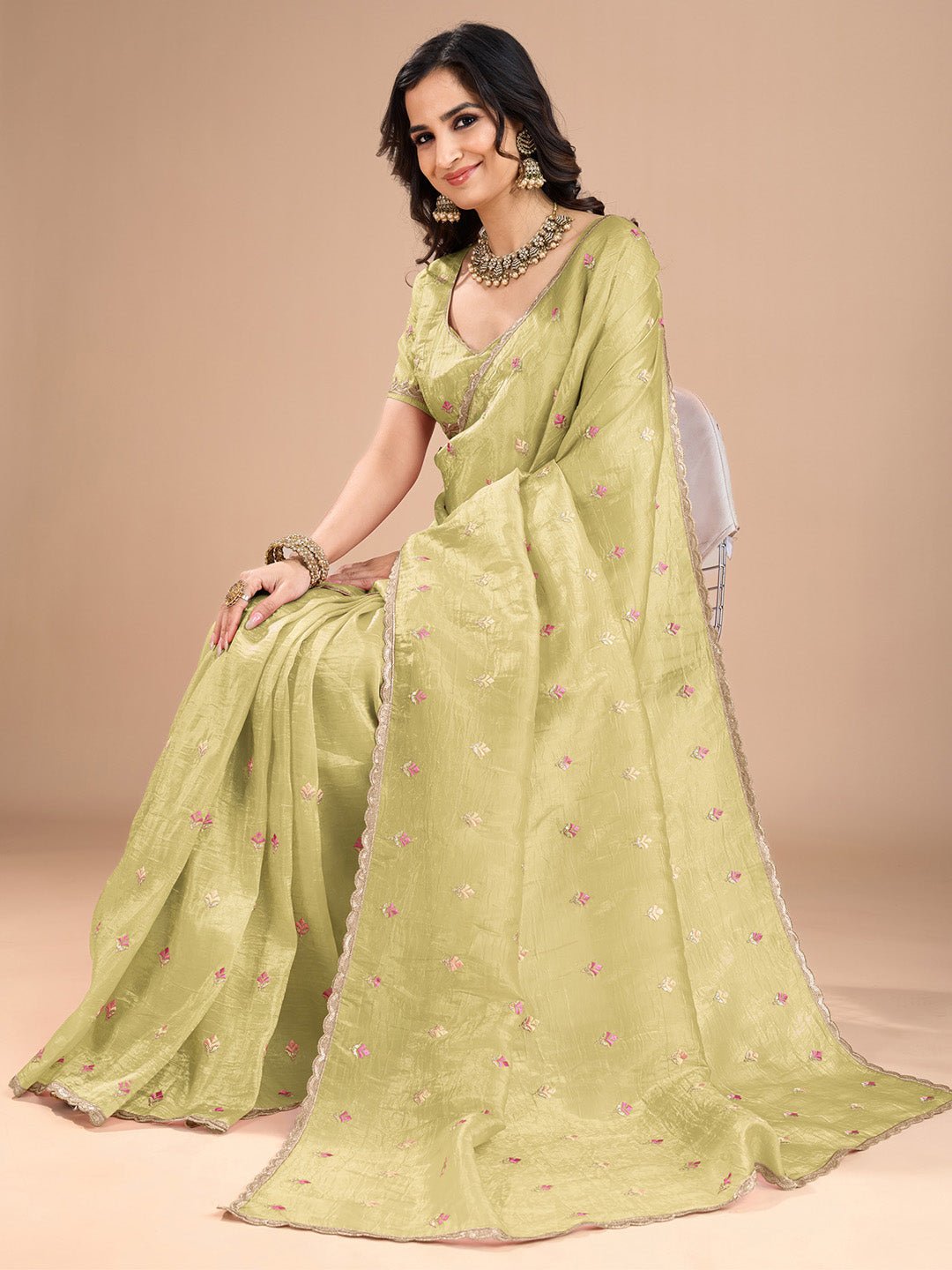 Pistachio Green Organza Silk Embroidered Saree with Blouse - Ressa