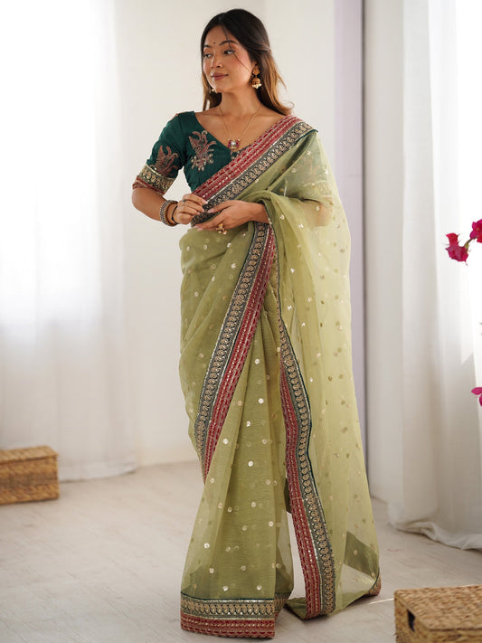 Pistachio Green Sequin Work Net Saree - Ressa
