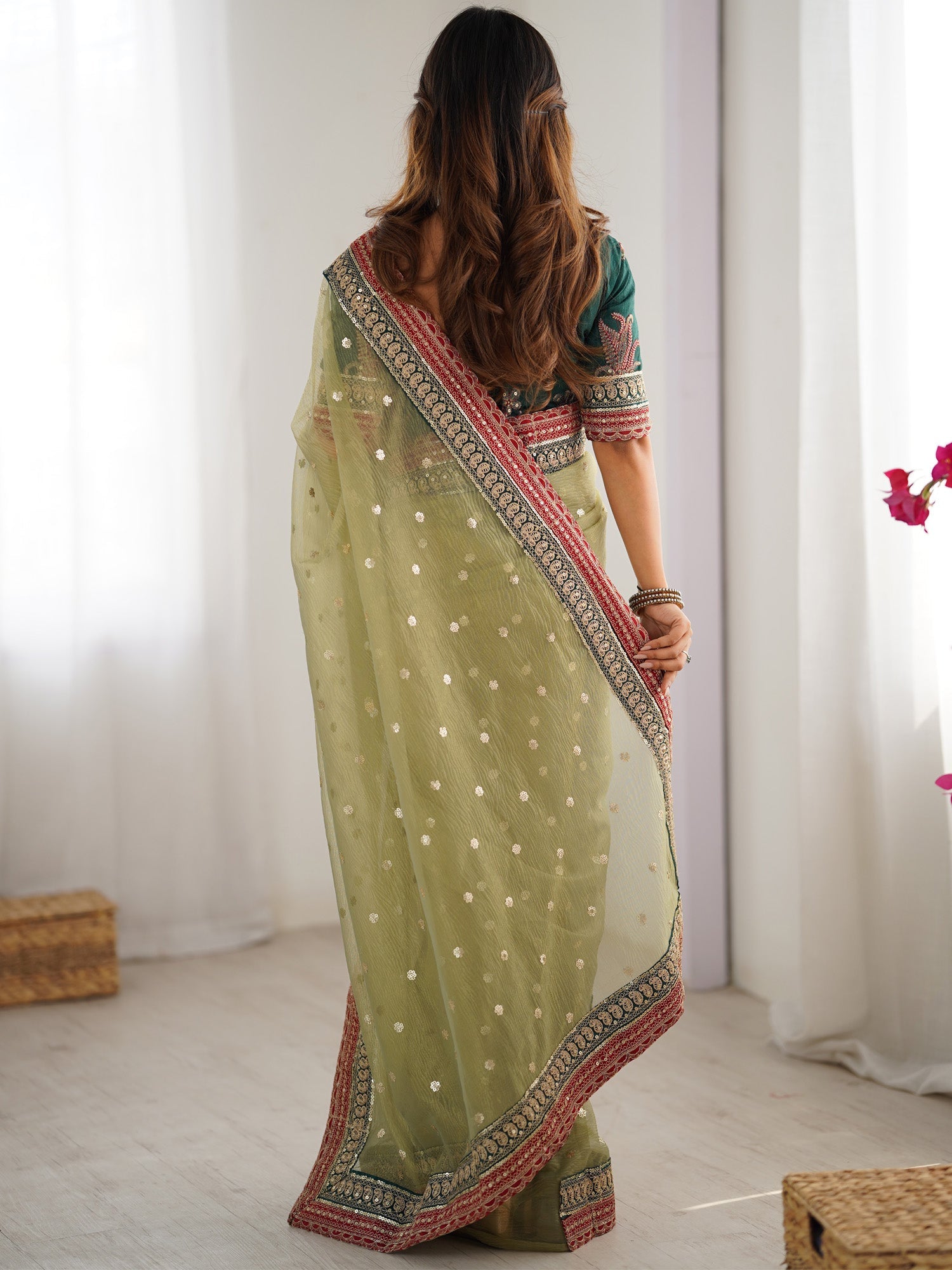 Pistachio Green Sequin Work Net Saree - Ressa