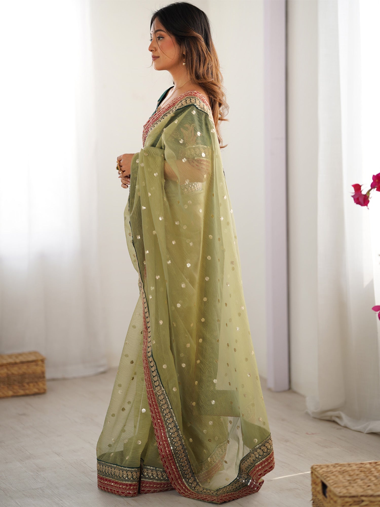 Pistachio Green Sequin Work Net Saree - Ressa