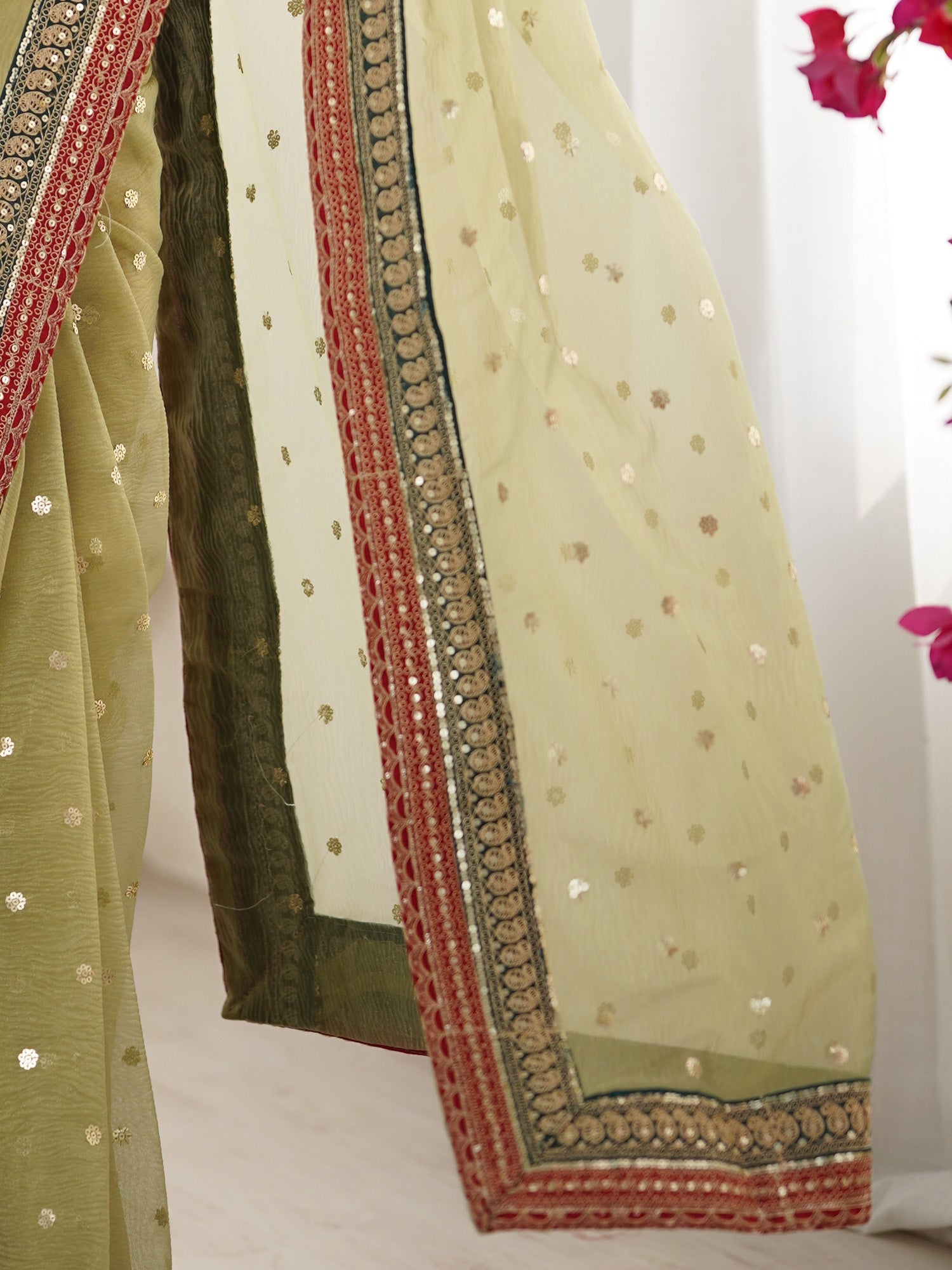 Pistachio Green Sequin Work Net Saree - Ressa