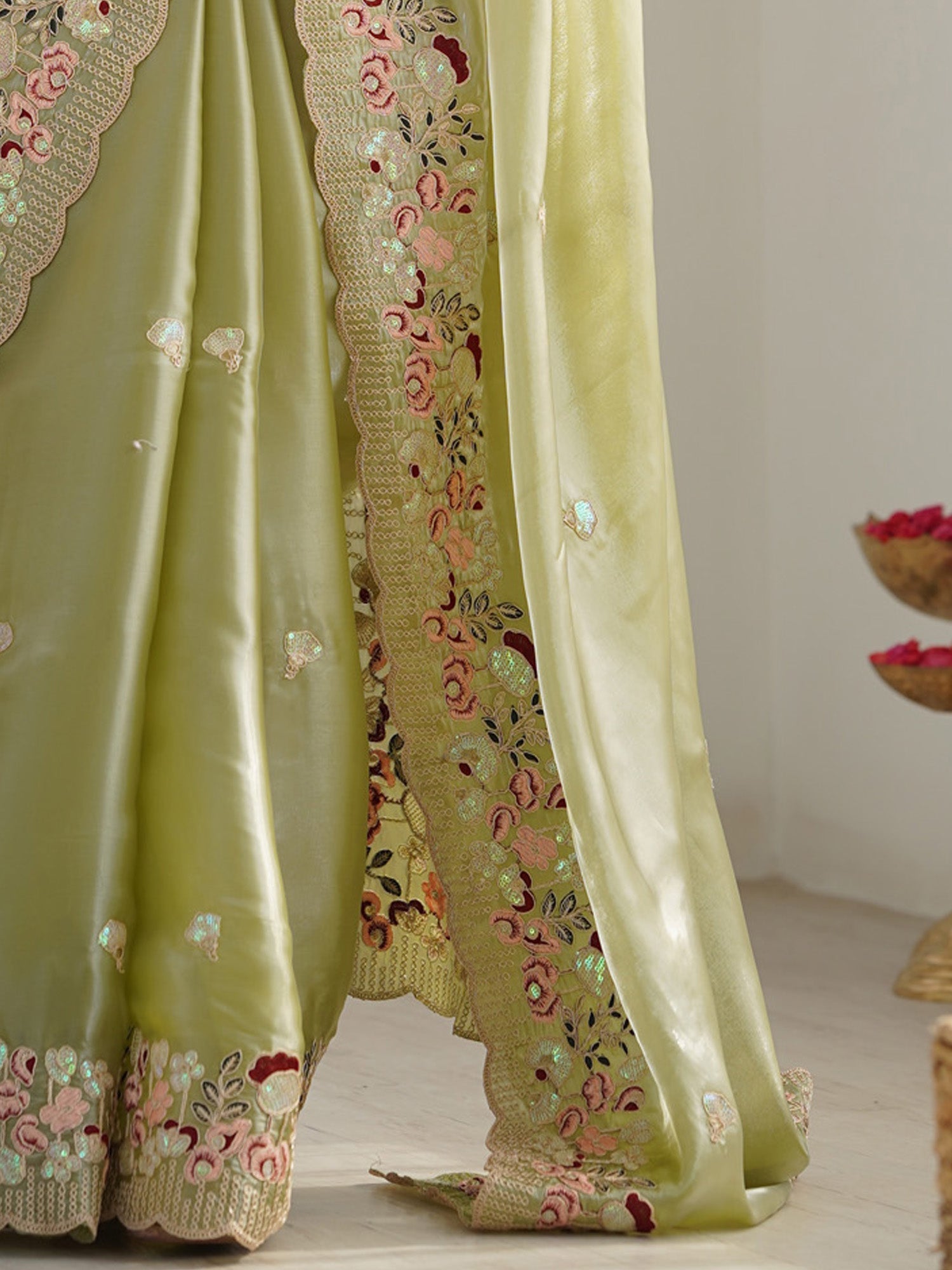 Pistachio Green Tissue Silk :Heavy Floral Sequin Embroidery Scalloped Border : Blouse Saree - Ressa