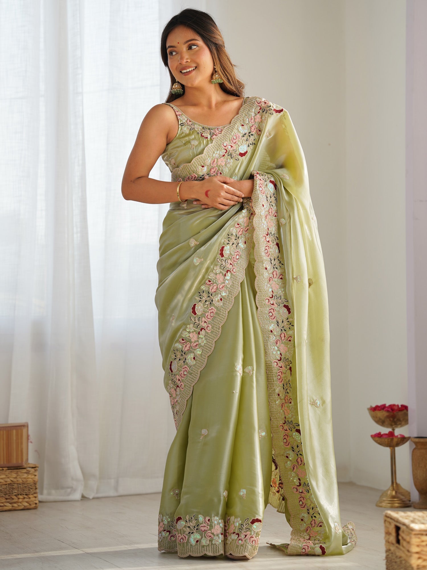 Pistachio Green Tissue Silk :Heavy Floral Sequin Embroidery Scalloped Border : Blouse Saree - Ressa