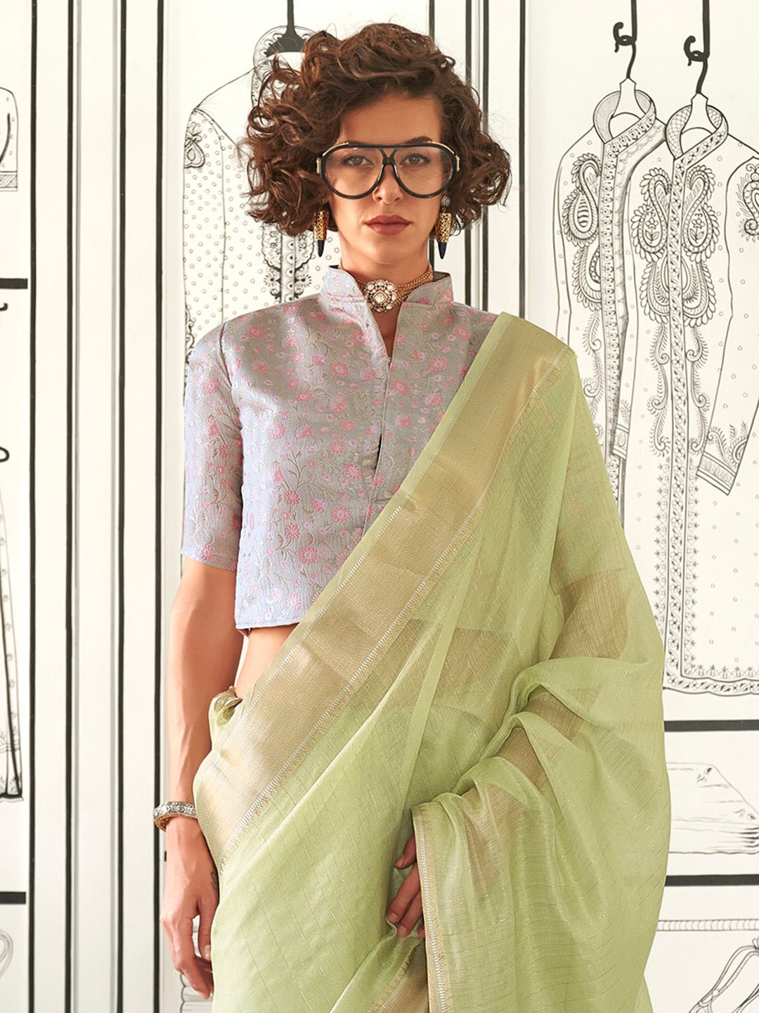 Pistachio Green Tissue Silk Saree - Ressa