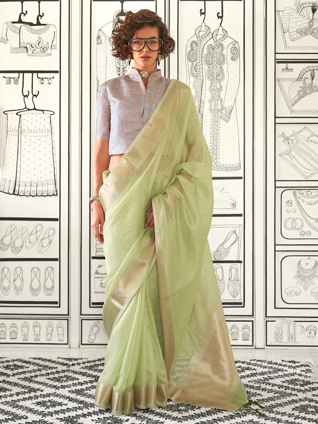 Pistachio Green Tissue Silk Saree - Ressa