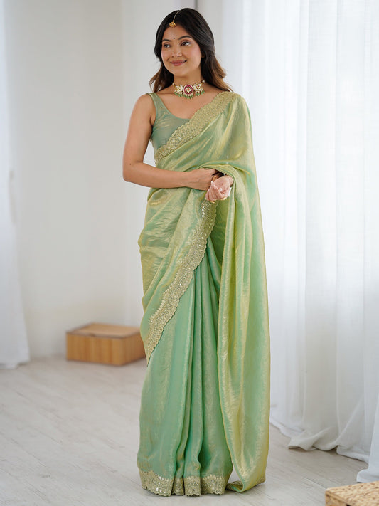 Pistachio Green Tissue Silk Sequin Embroidered Scalloped Border Blouse Saree - Ressa