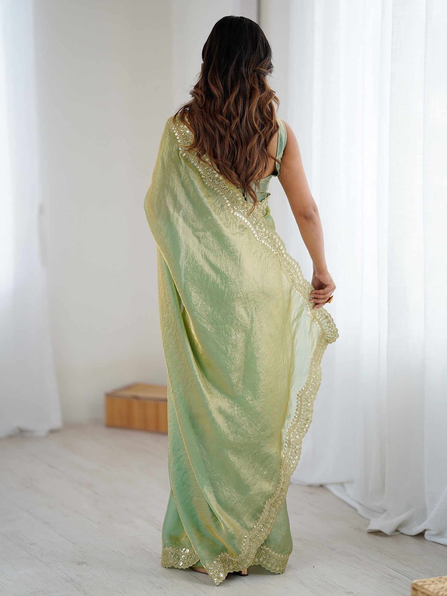 Pistachio Green Tissue Silk Sequin Embroidered Scalloped Border Blouse Saree - Ressa