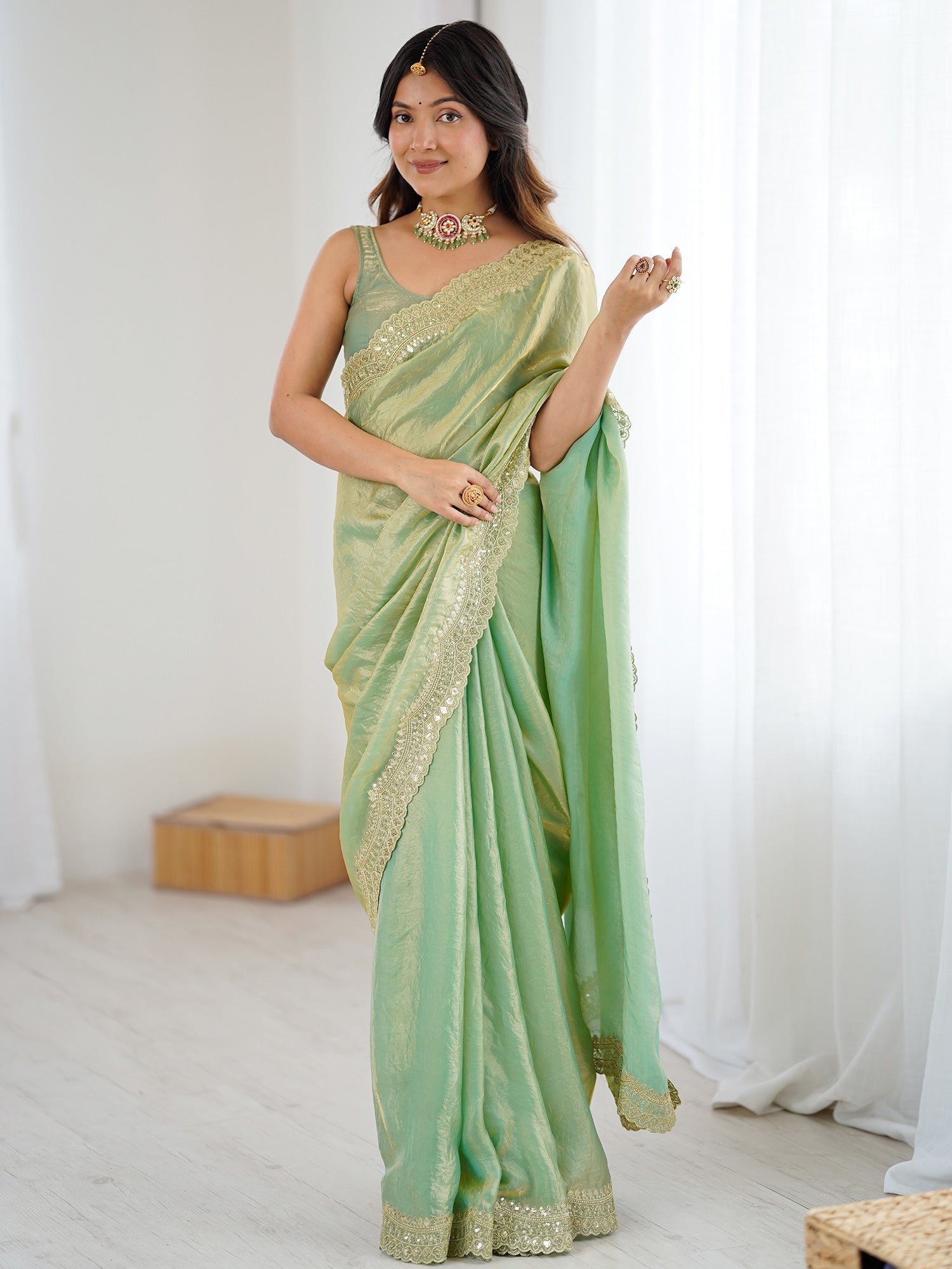 Pistachio Green Tissue Silk Sequin Embroidered Scalloped Border Blouse Saree - Ressa