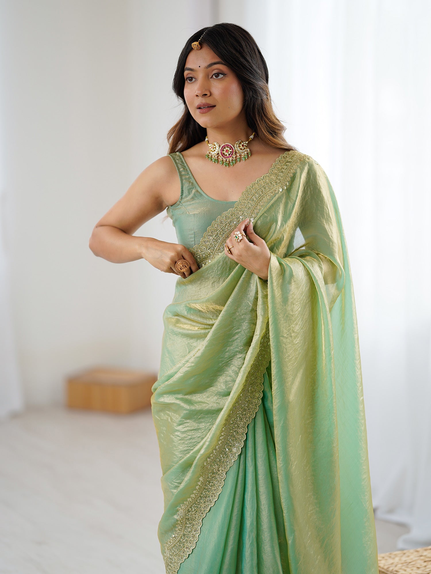 Pistachio Green Tissue Silk Sequin Embroidered Scalloped Border Blouse Saree - Ressa