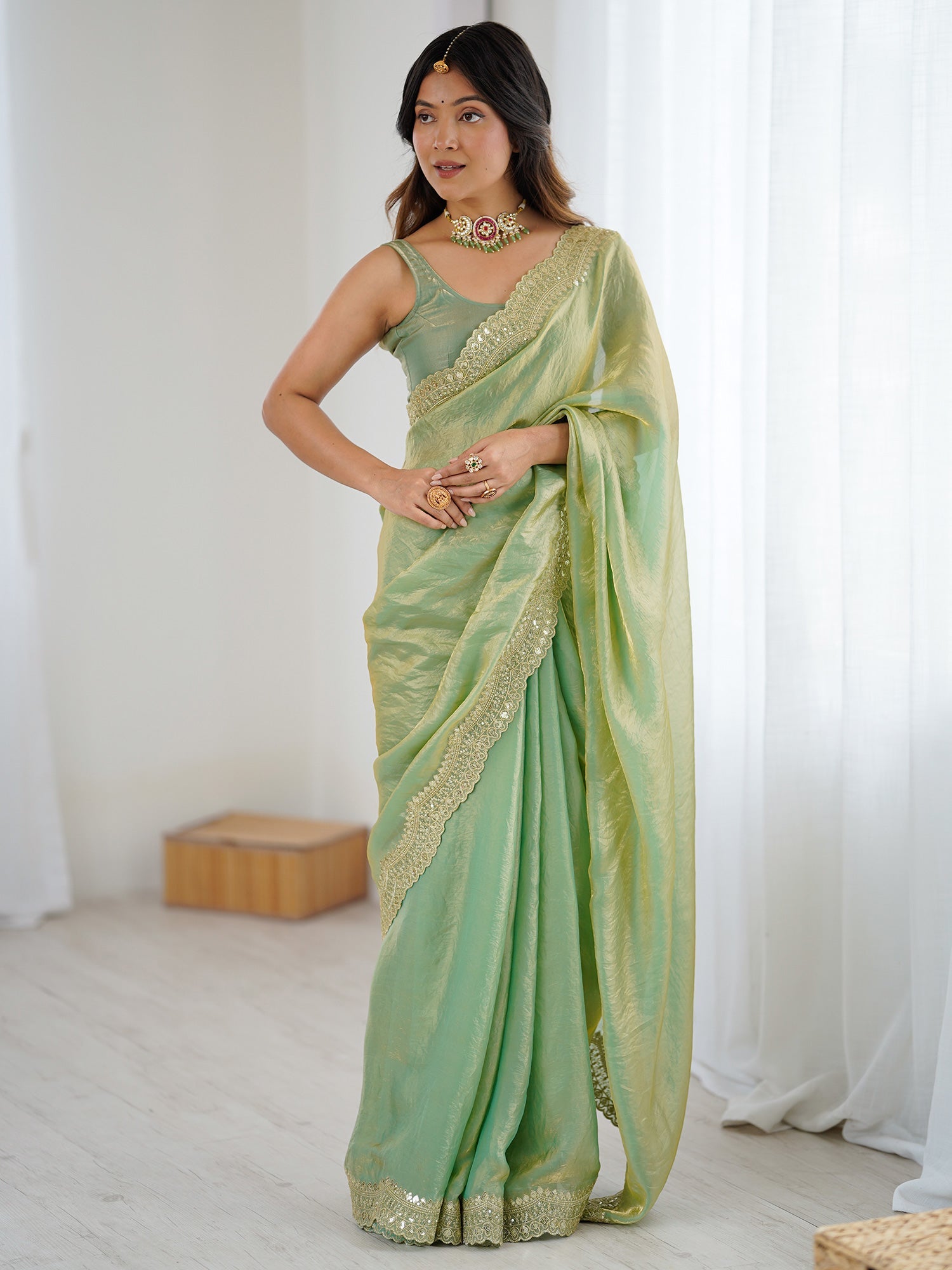 Pistachio Green Tissue Silk Sequin Embroidered Scalloped Border Blouse Saree - Ressa