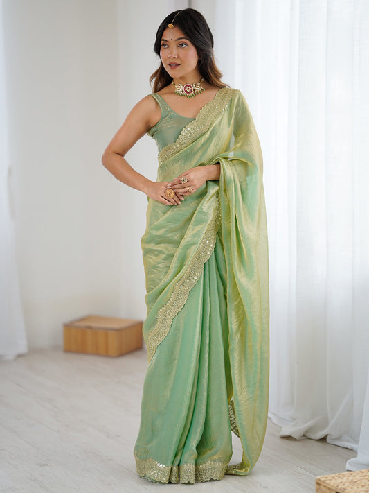 Pistachio Green Tissue Silk Sequin Embroidered Scalloped Border Blouse Saree - Ressa
