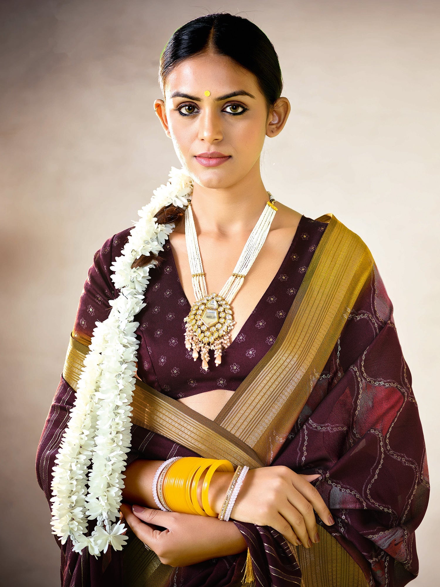 Plum Organza Saree with Gold Zari Border – - Ressa