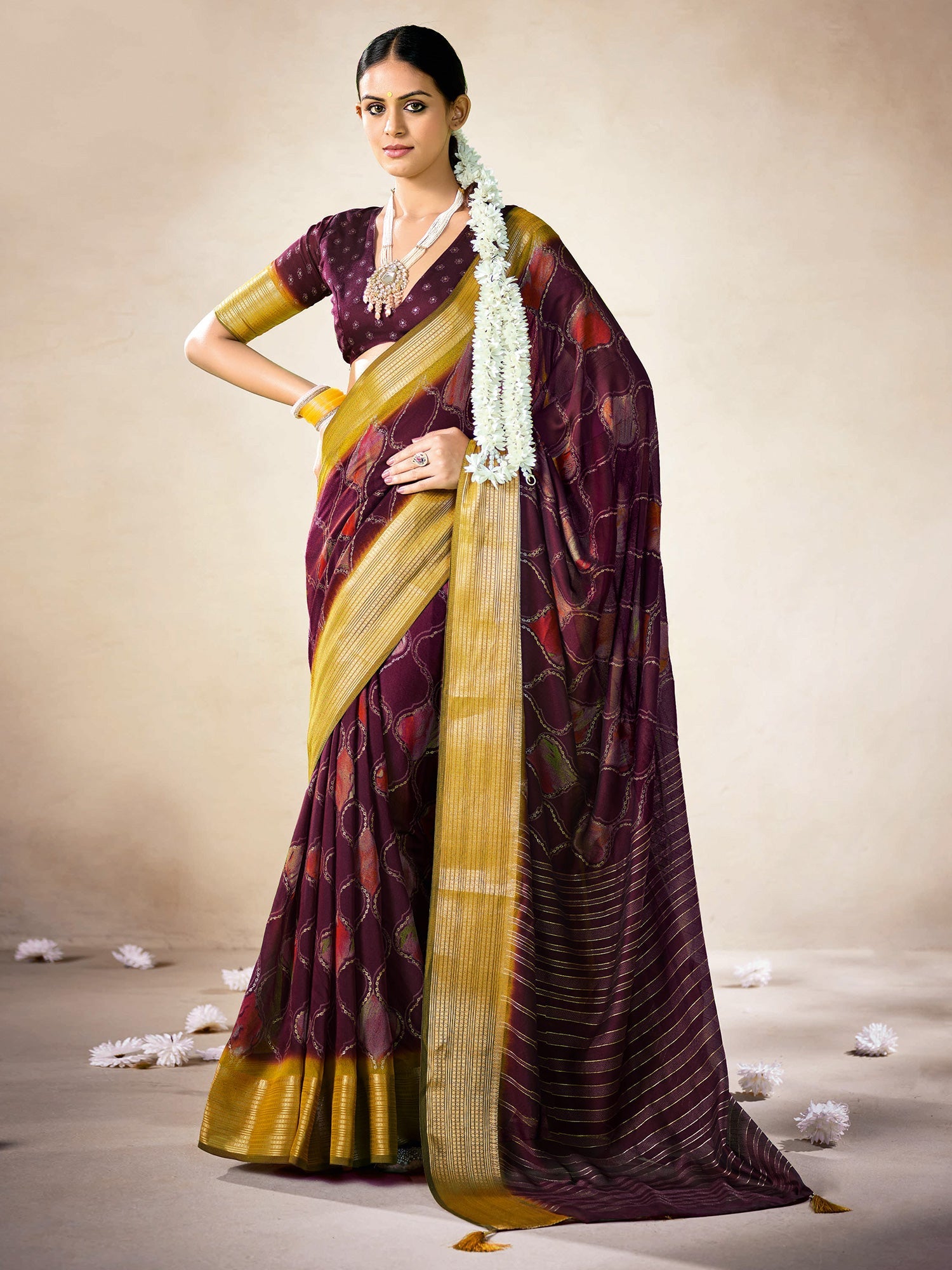 Plum Organza Saree with Gold Zari Border – - Ressa