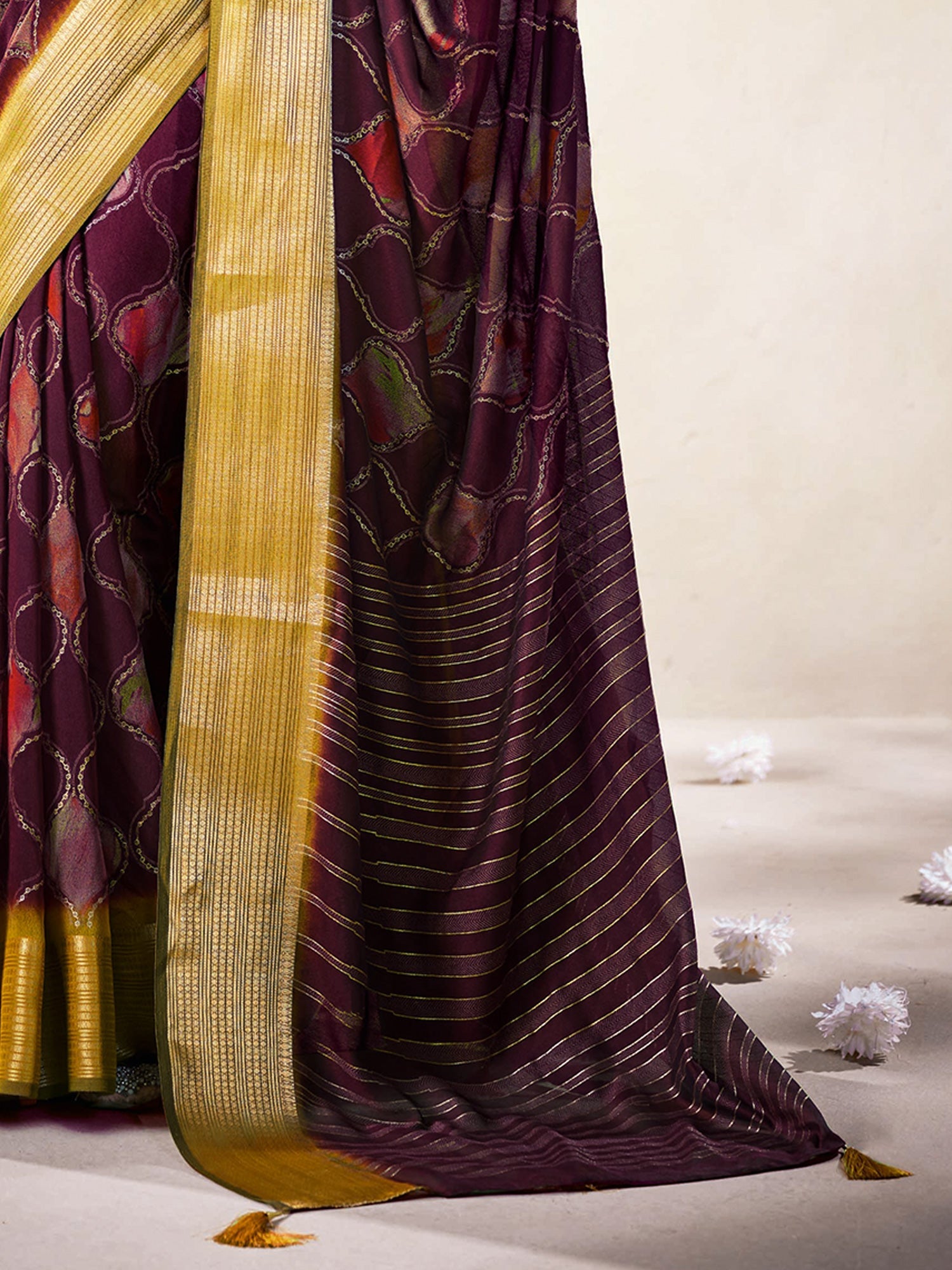 Plum Organza Saree with Gold Zari Border – - Ressa