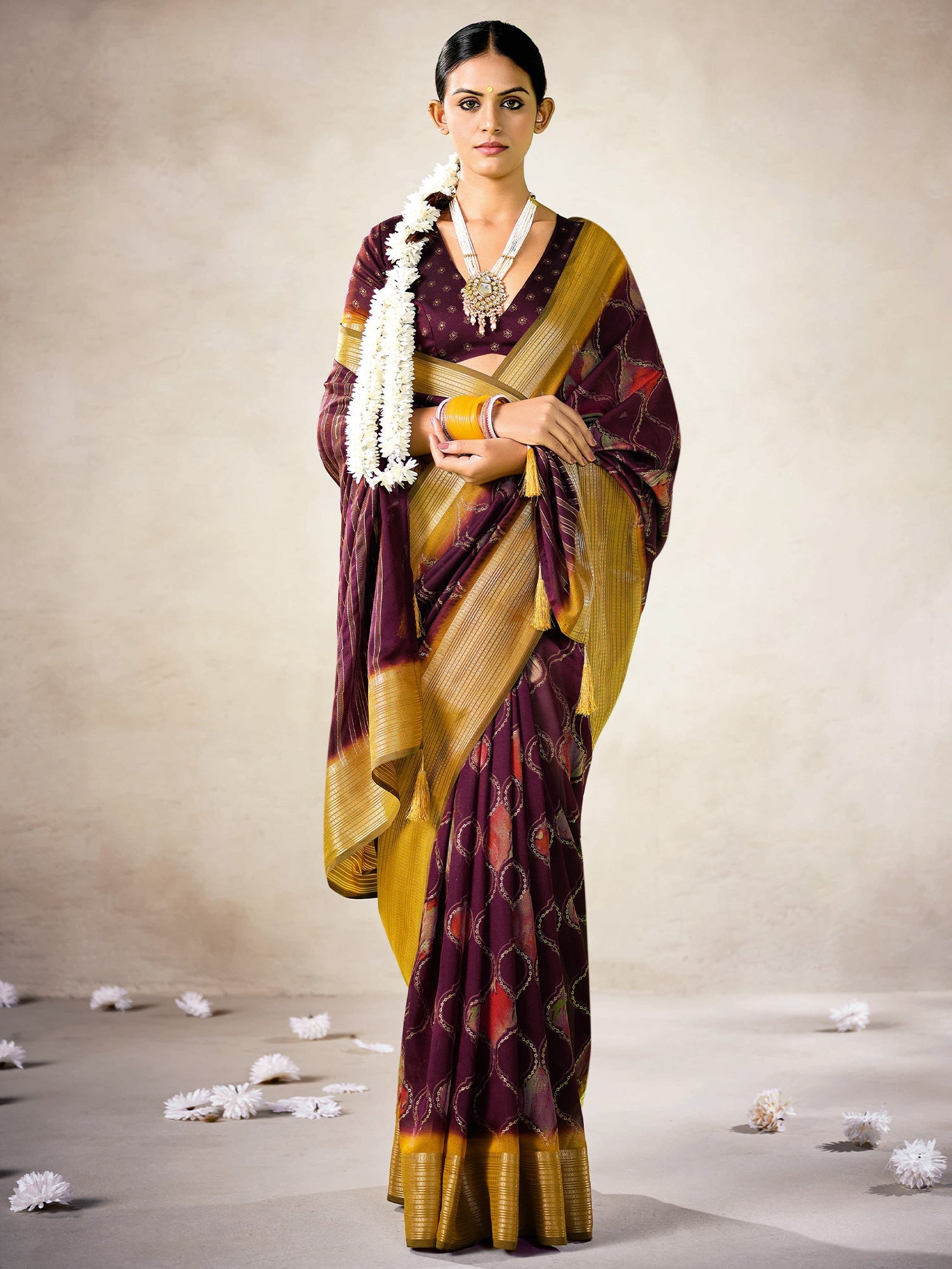 Plum Organza Saree with Gold Zari Border – - Ressa