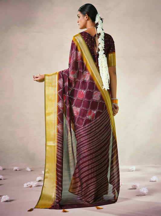 Plum Organza Saree with Gold Zari Border – - Ressa