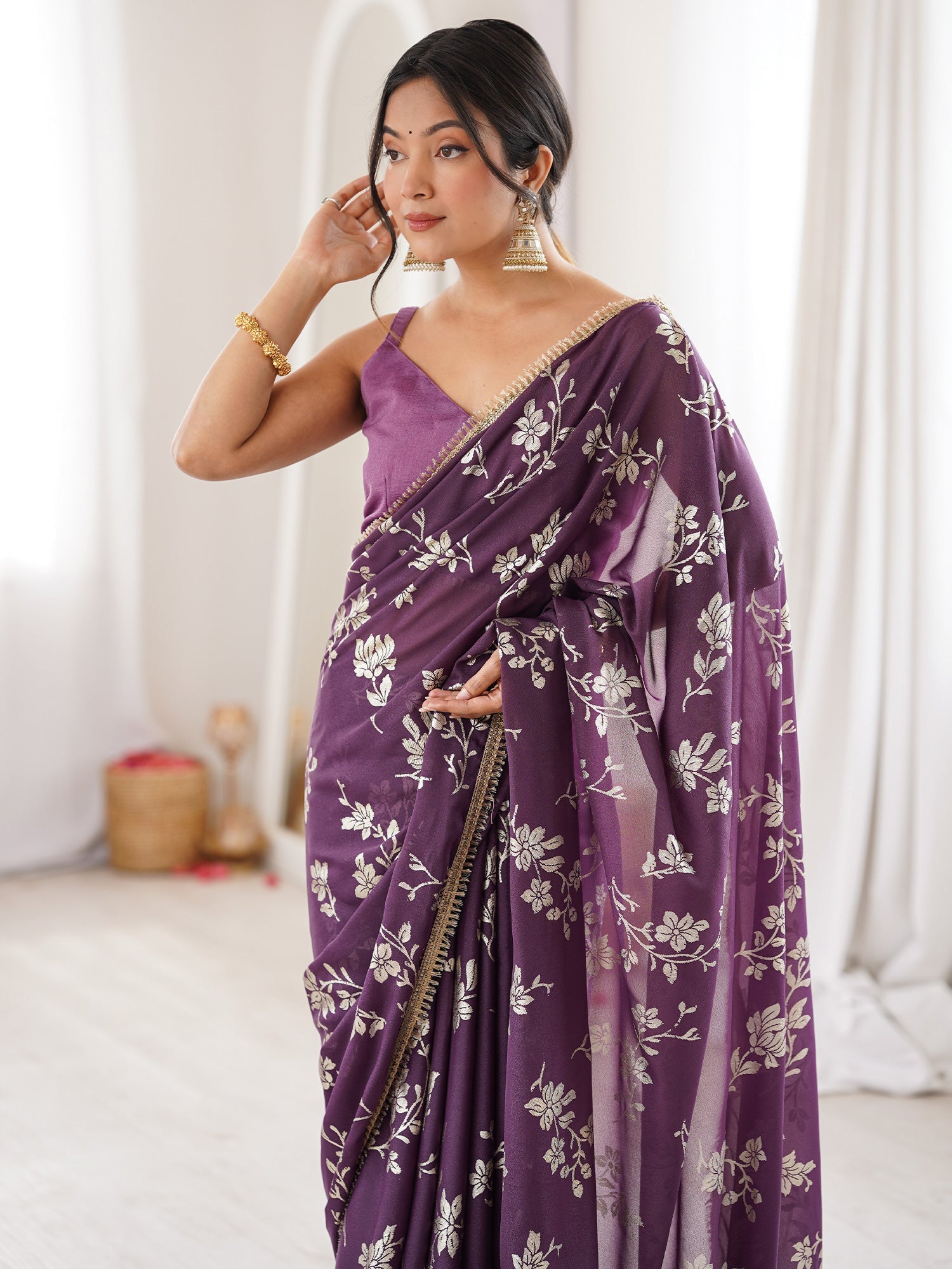 Plum Purple Georgette Saree with Silver Floral Foil Print - Ressa