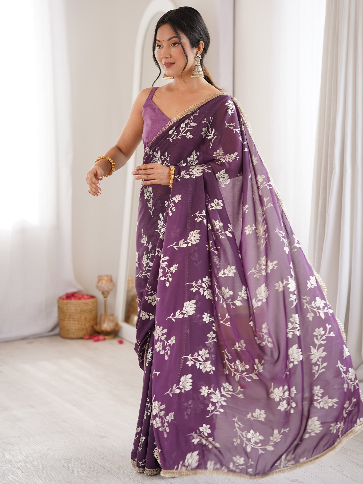 Plum Purple Georgette Saree with Silver Floral Foil Print - Ressa