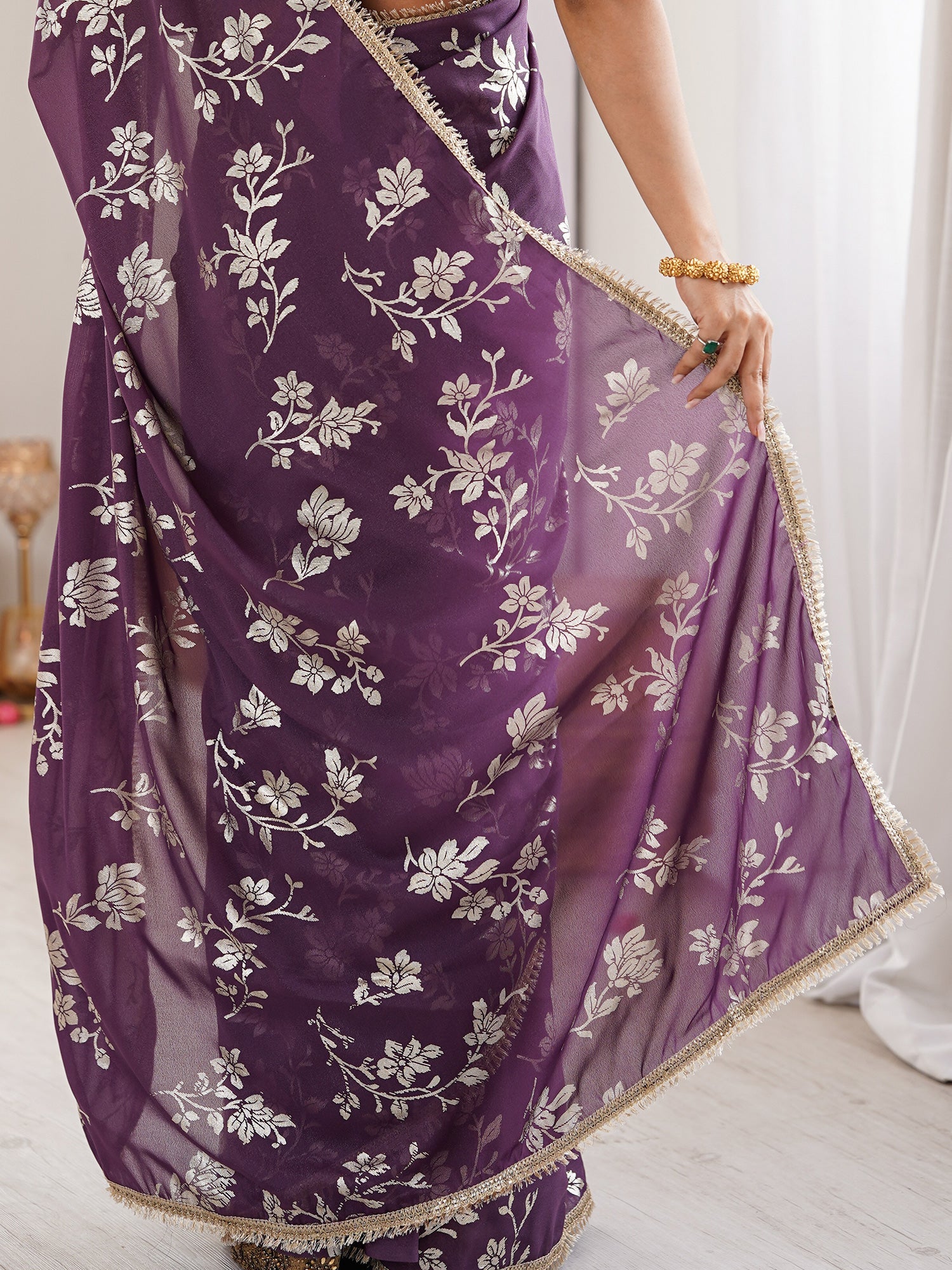 Plum Purple Georgette Saree with Silver Floral Foil Print - Ressa