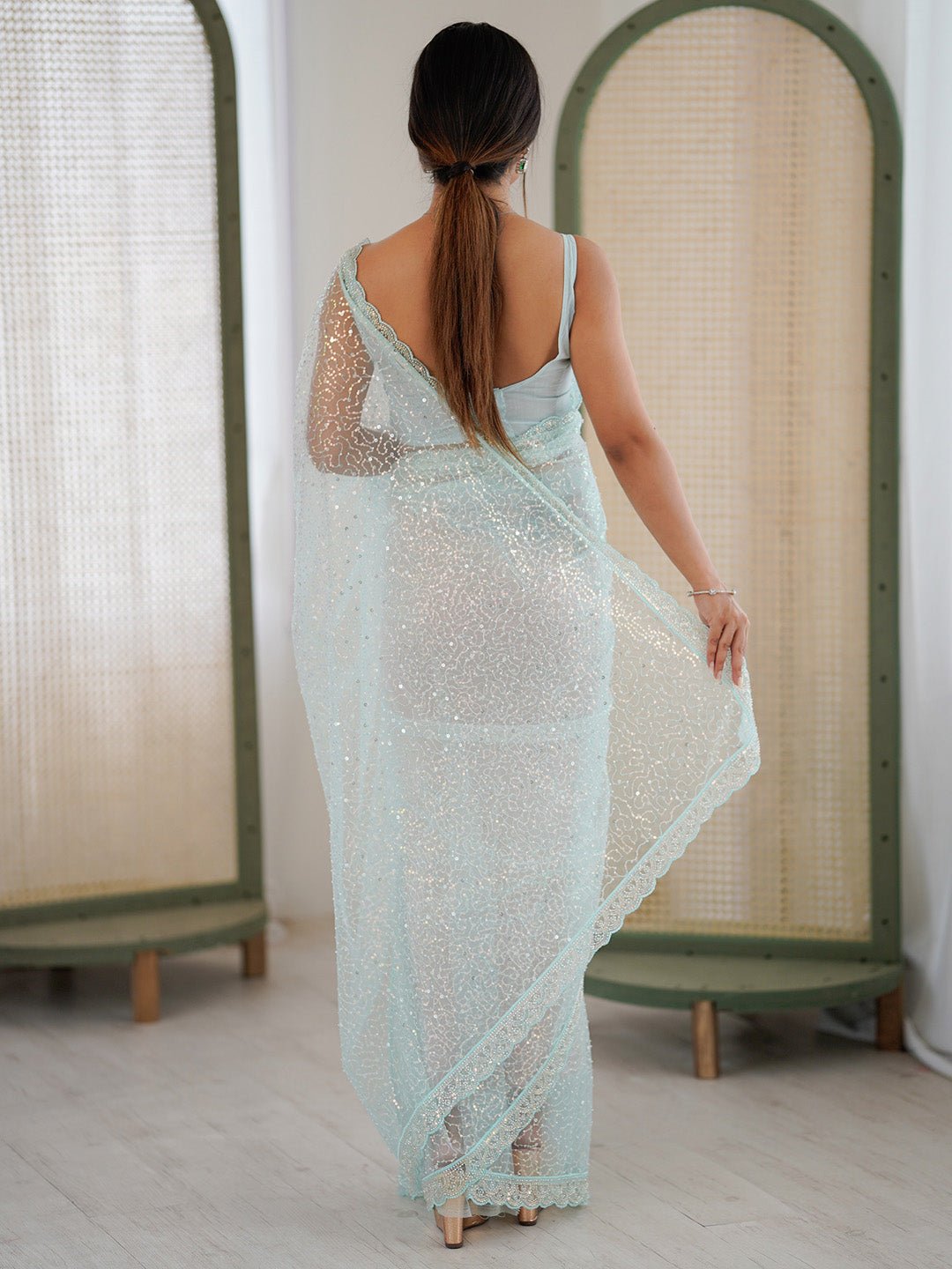 Powder Blue Silk Blend Sequin Embroidered Scalloped Border Saree - Ressa