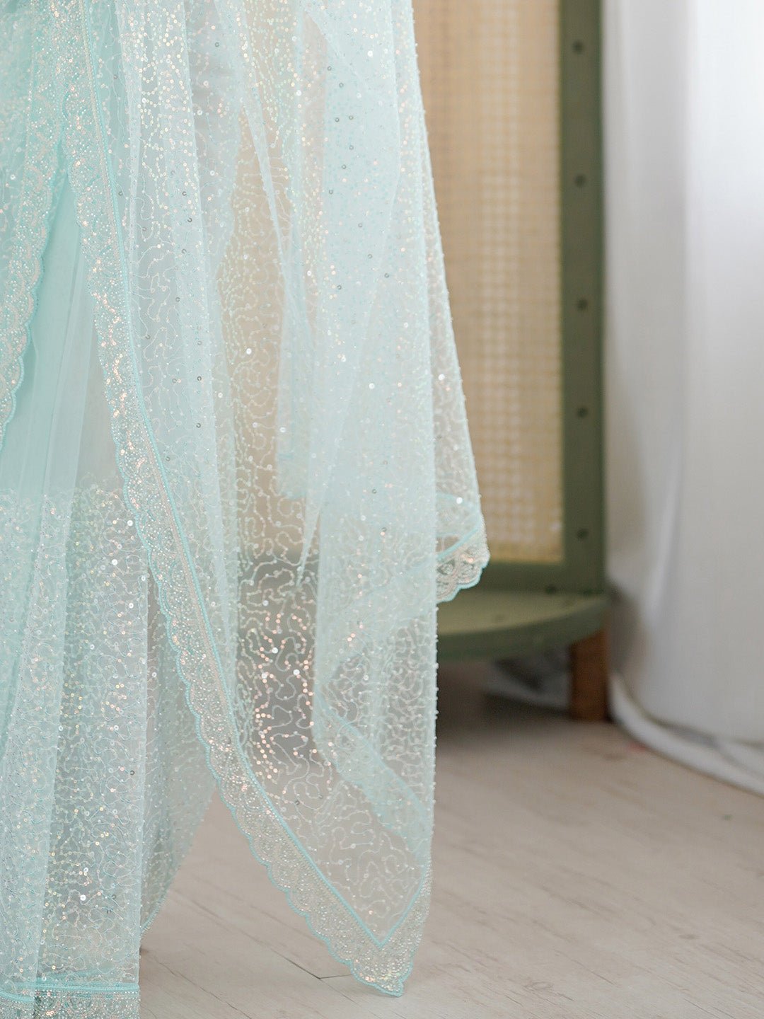 Powder Blue Silk Blend Sequin Embroidered Scalloped Border Saree - Ressa