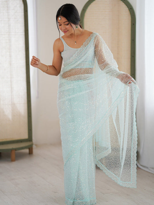 Powder Blue Silk Blend Sequin Embroidered Scalloped Border Saree - Ressa