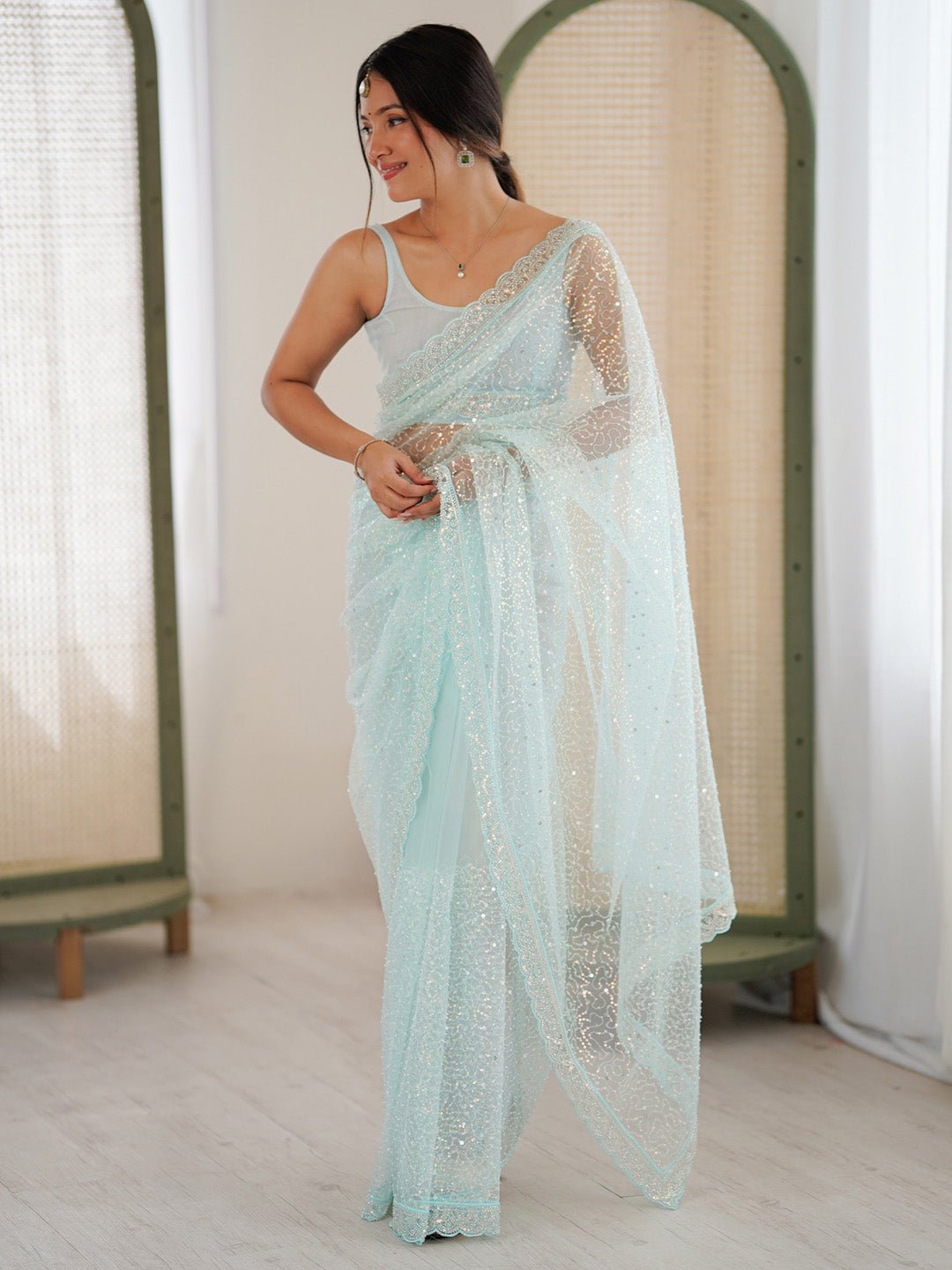 Powder Blue Silk Blend Sequin Embroidered Scalloped Border Saree - Ressa