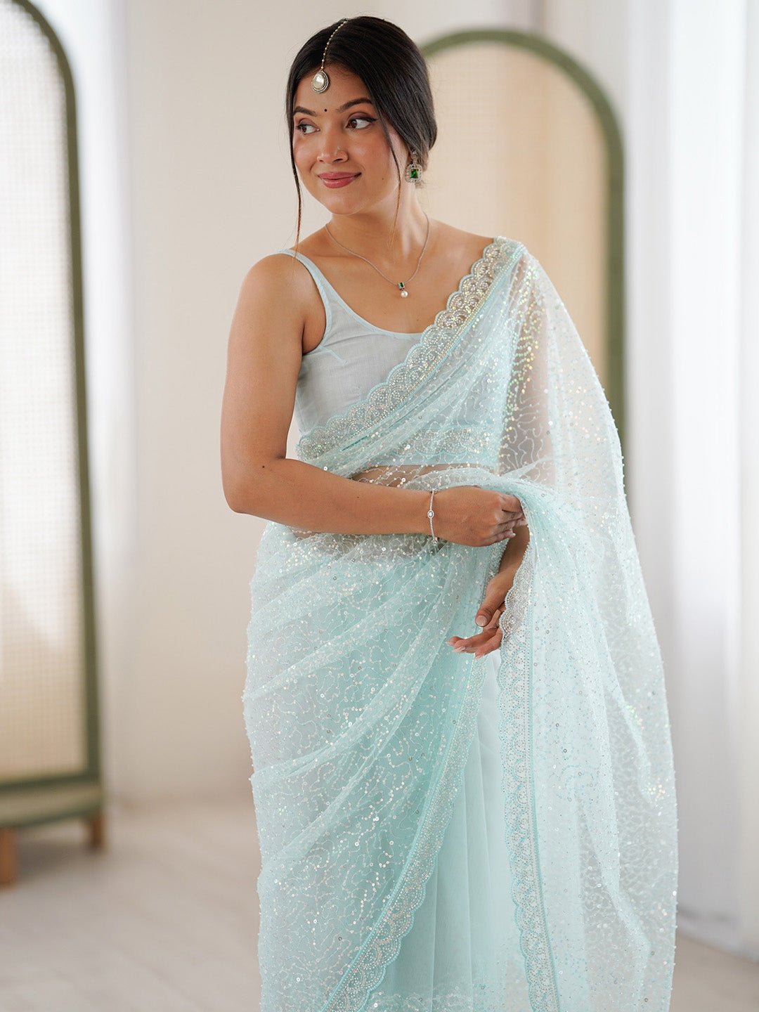 Powder Blue Silk Blend Sequin Embroidered Scalloped Border Saree - Ressa
