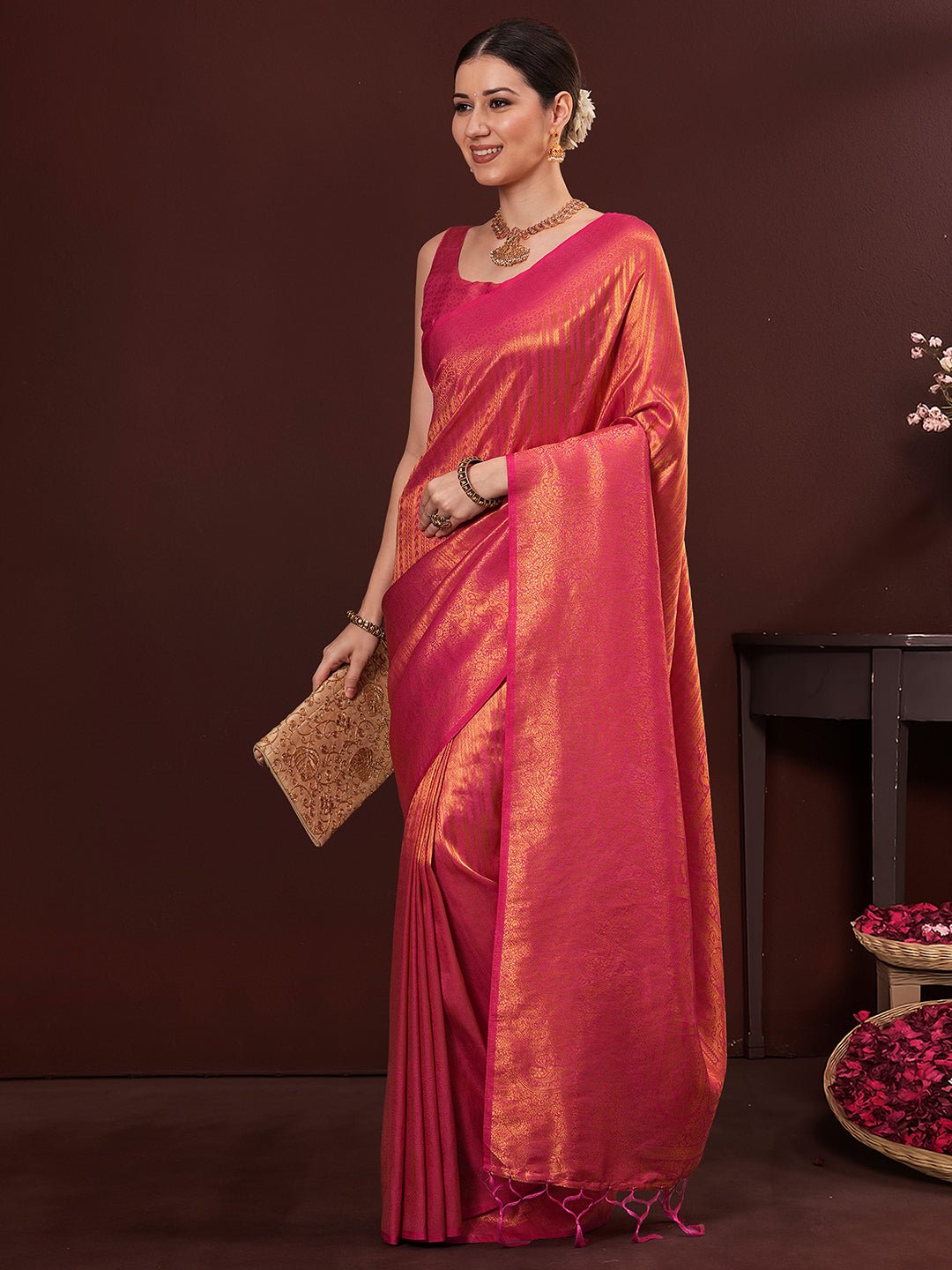 Pink Silk Blend Kanjeevaram Saree - Ressa