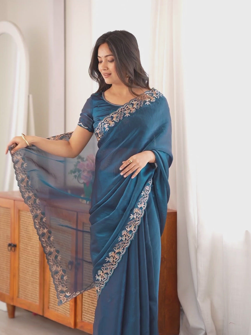Teal blue satin embellished designer