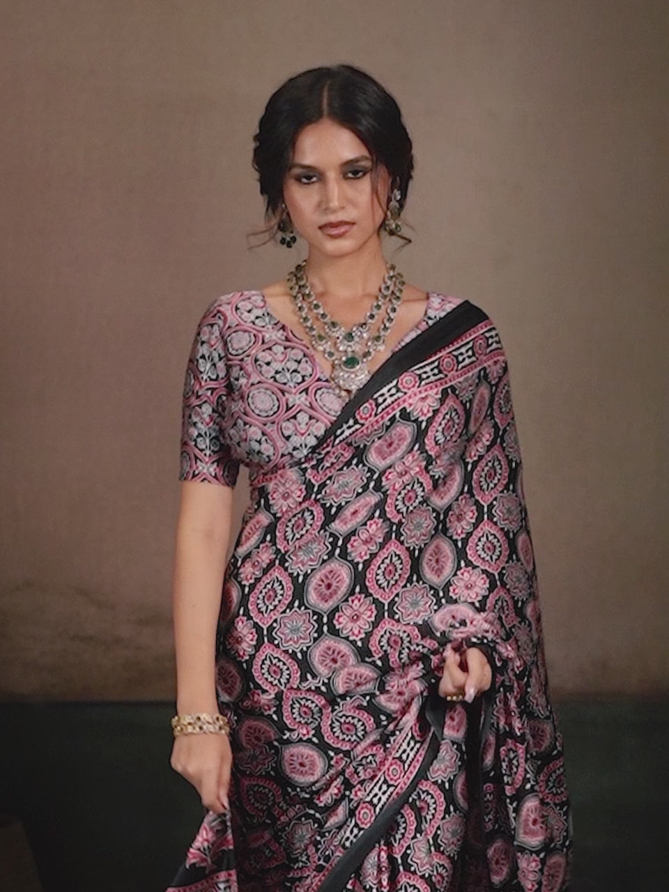 Black Ajrakh All-Over Print Satin Saree