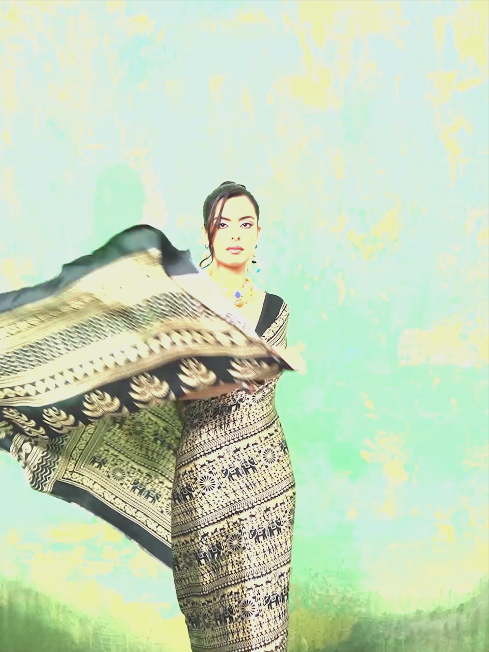 Black Satin Tribal Printed Saree