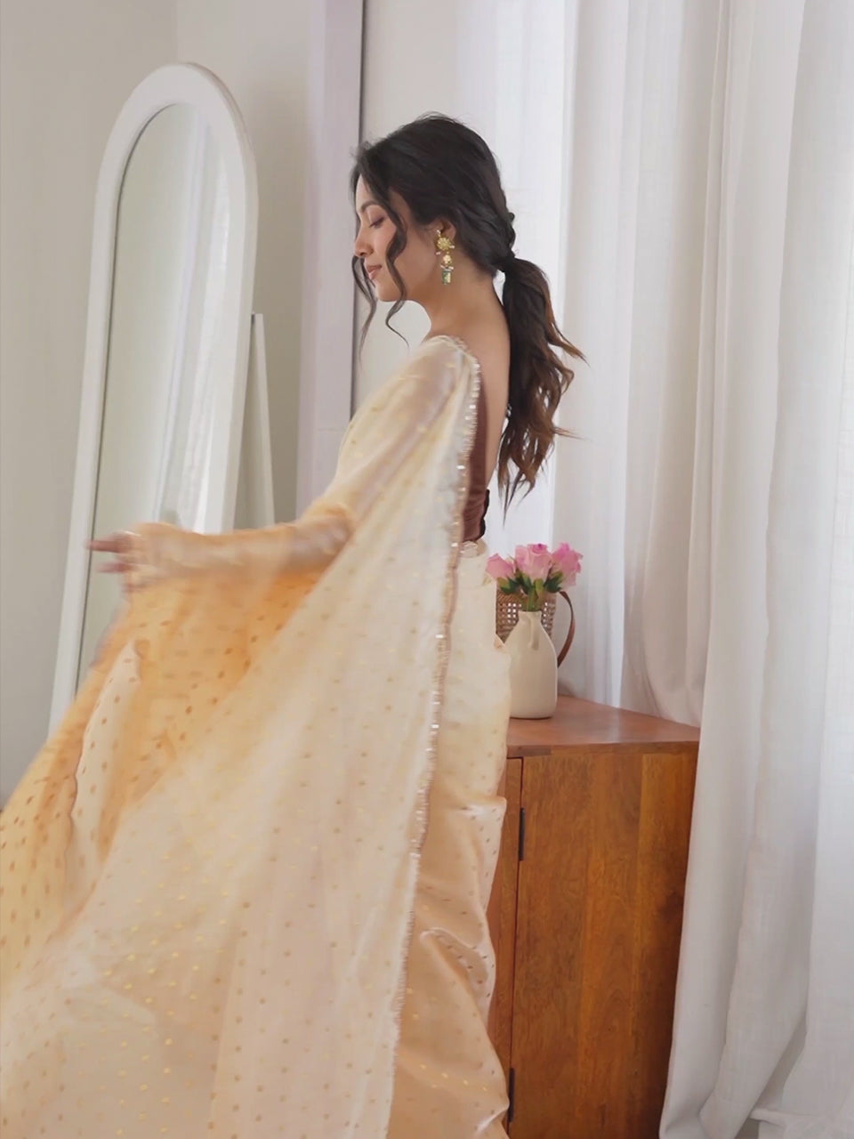 Peach Satin Embelished Party Wear Saree