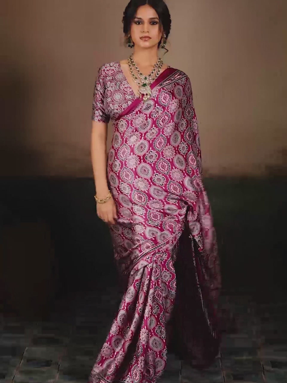 Magenta Pink Ajrakh All-Over Print Satin Saree