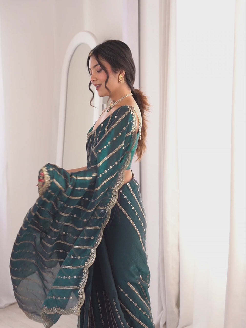 Teal Green Satin Embellished Party Wear Saree