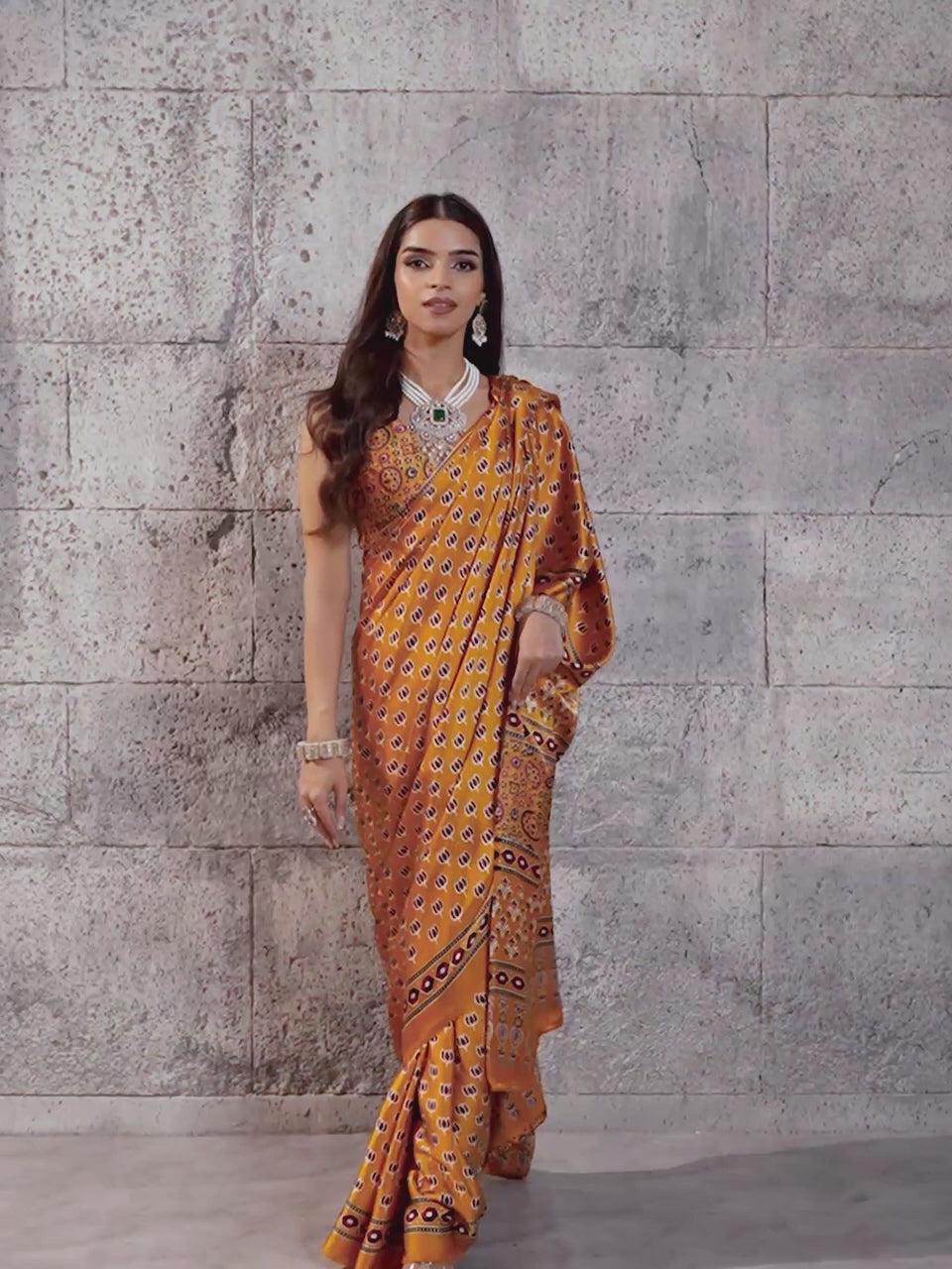 Anupama Mustard Ajrak Satin Saree with Printed Border & Mustard Blouse Piece