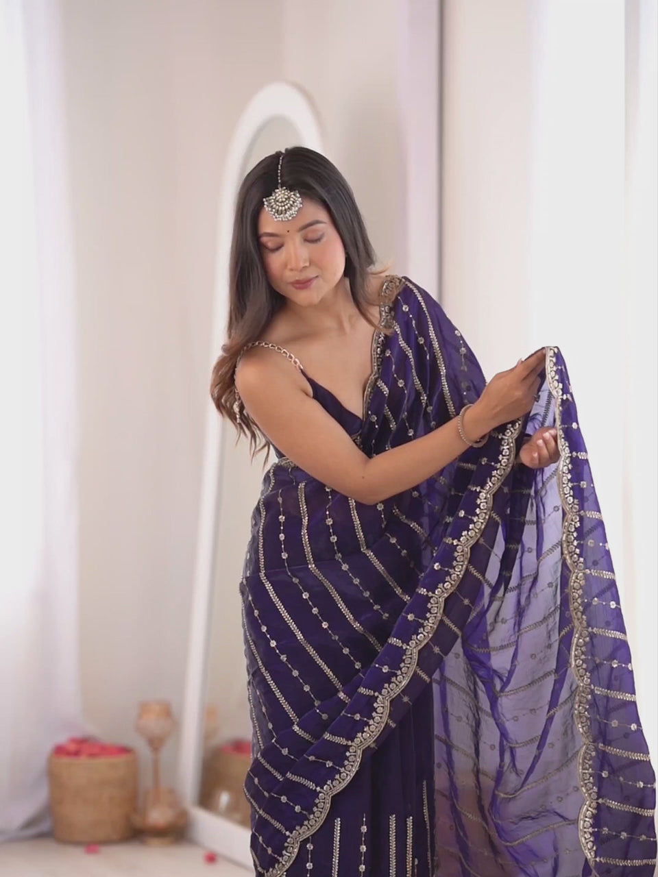 Dark Purple Satin Emblished Party Wear Saree