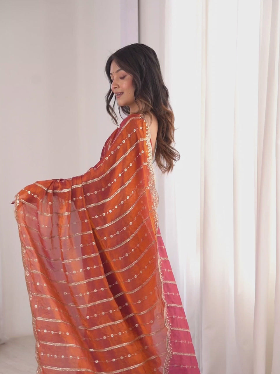 Rust Orange Satin Emblished Party Wear Saree