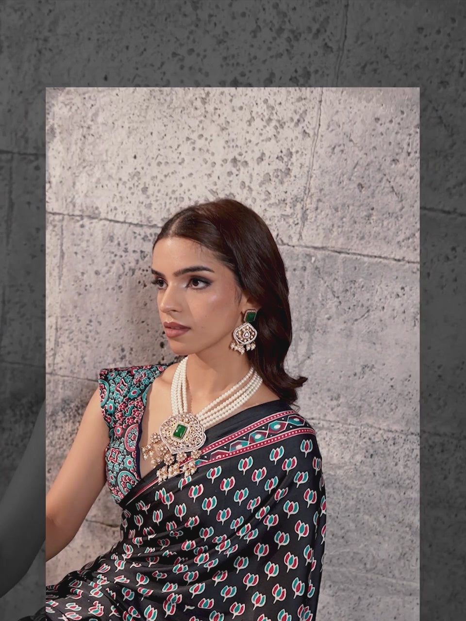 Panchali Black Ajrak Satin Saree with Printed Border & Teal Blue Blouse Piece