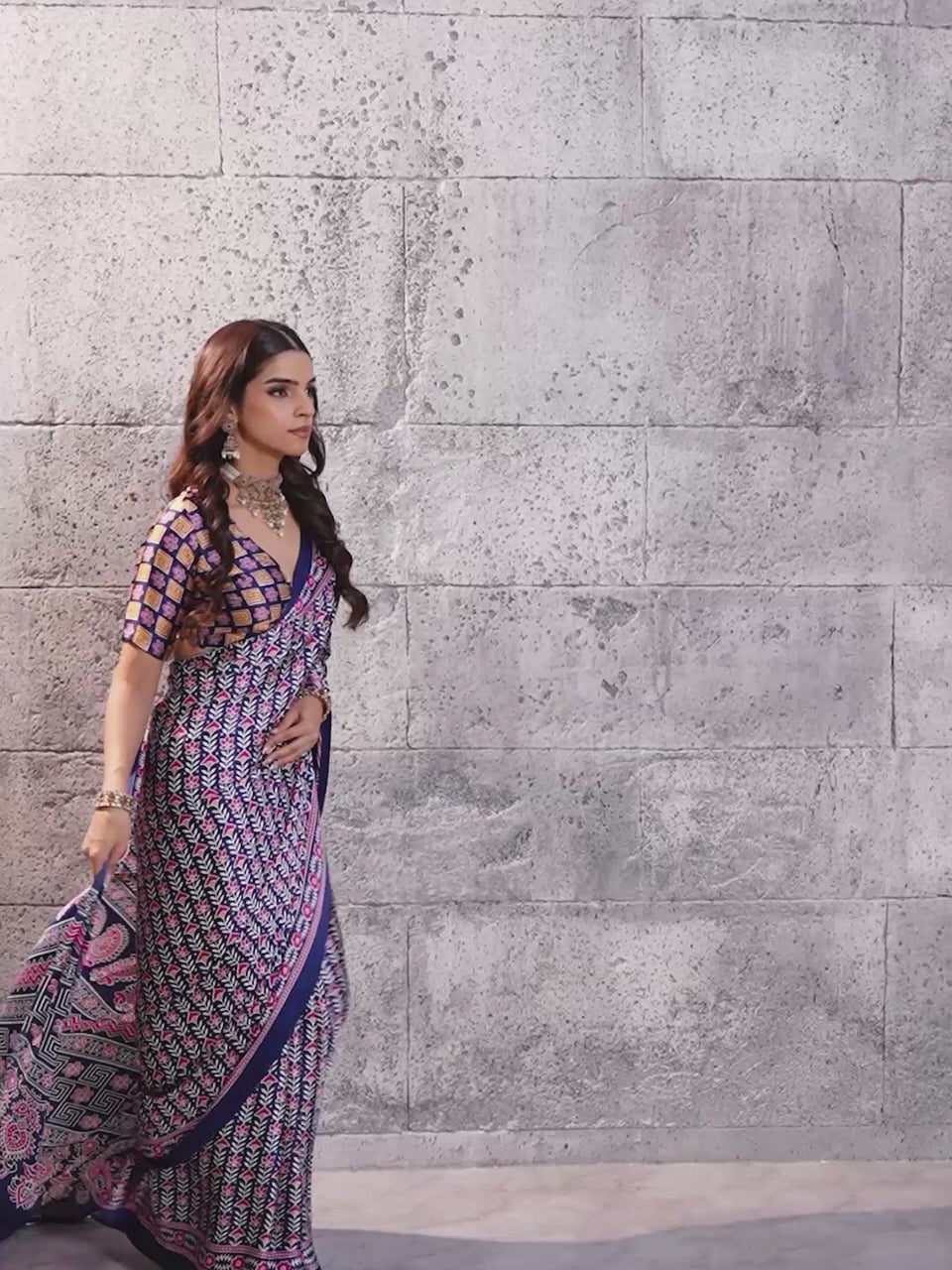 Induja Navy Blue Ajrak Satin Saree with Printed Border & Rust Blouse Piece