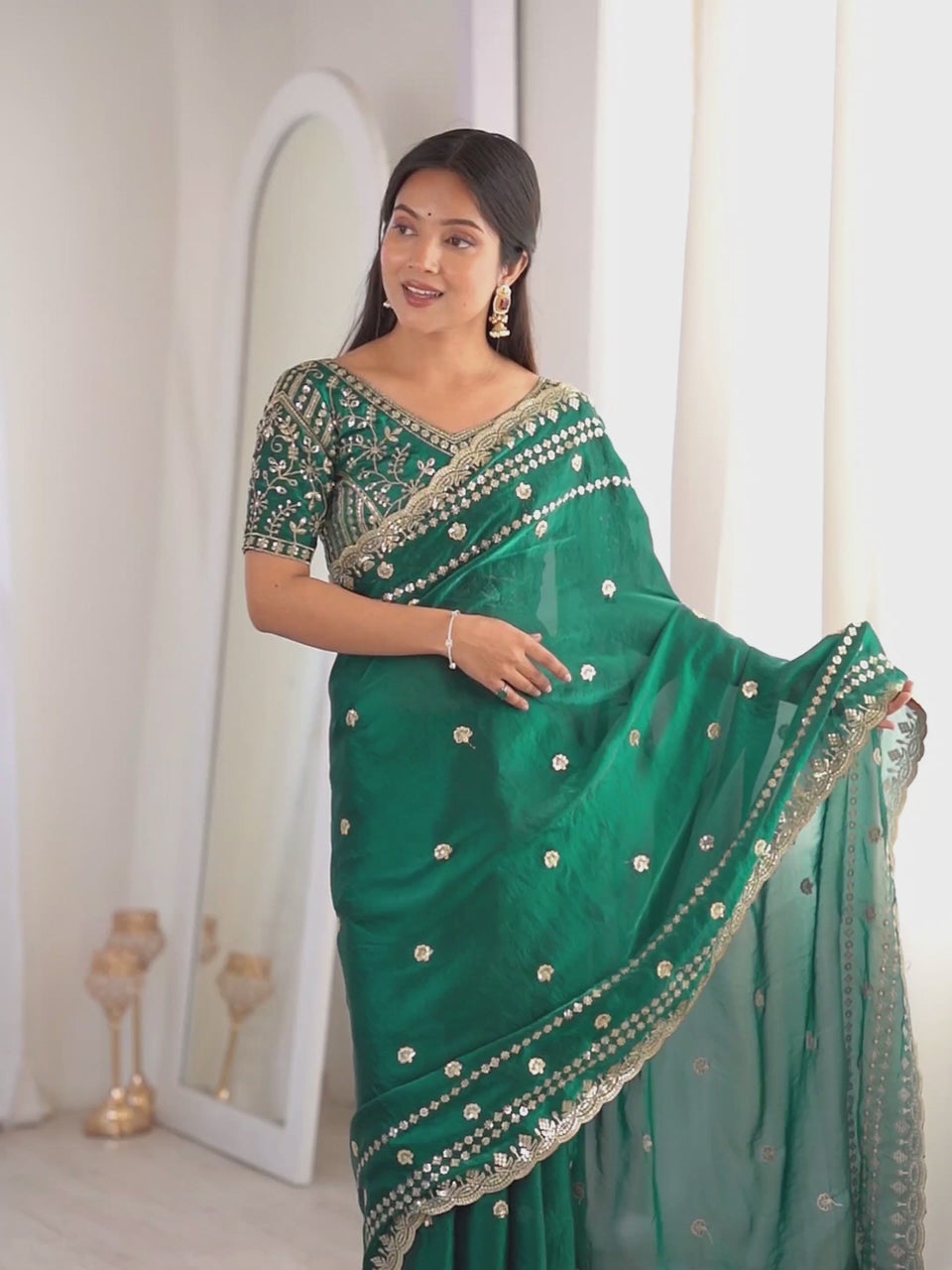 Teal Green Satin Silk Embellished Party Wear Saree