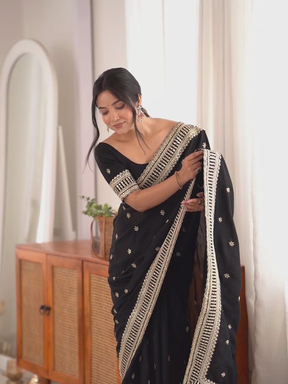 Black Chiffon Embroidery with Zari Thread Work