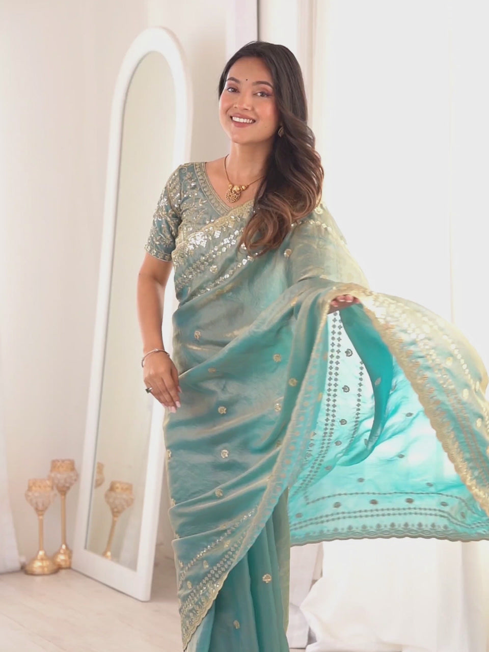 Light Blue Satin Emblished Party Wear Saree