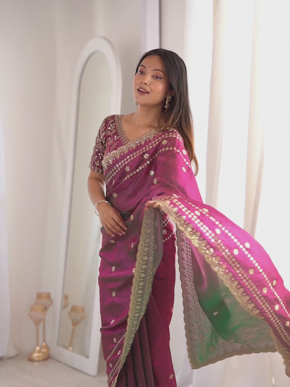 Magenta Satin Emblished Party Wear Saree